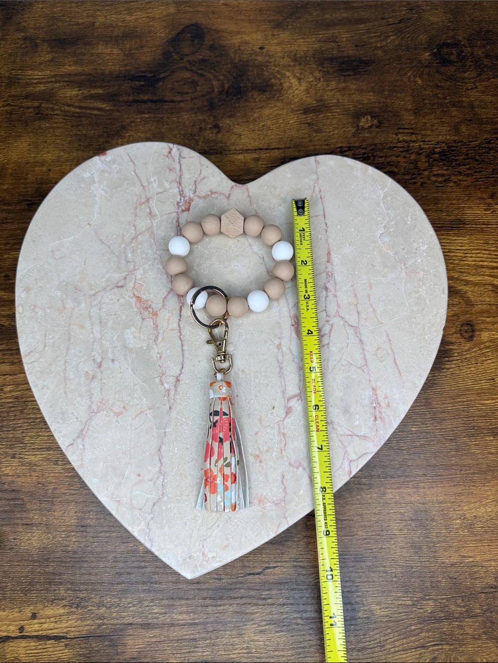 Beaded Wristlet Keychain with Floral Tassel - Beige & White